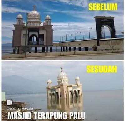 Foto Masjid Terapung Palu Sebelum dan Sesudah Gempa Sunami Tahun 2018 