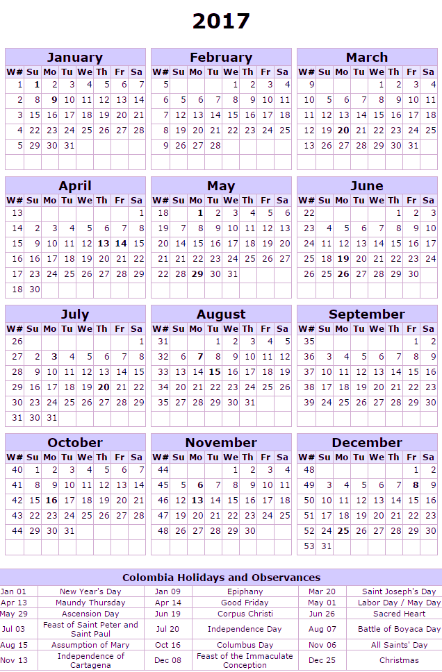 Free Printable Calendar 2018 Colombia 2017 Calendar with holidays