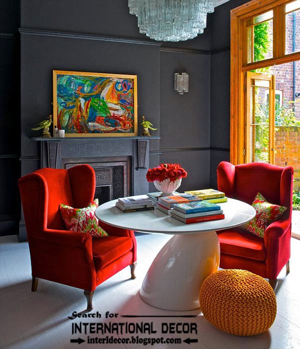 color combinations with red color in the interior, red furniture chairs