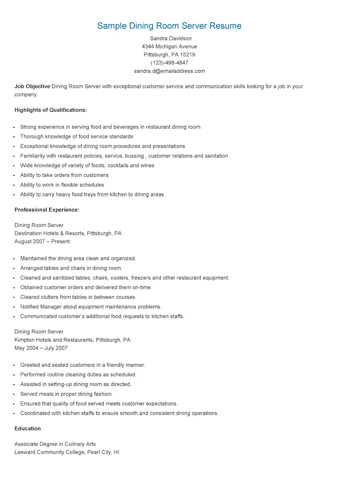 Resume Samples Fine Dining Server Resume Sample