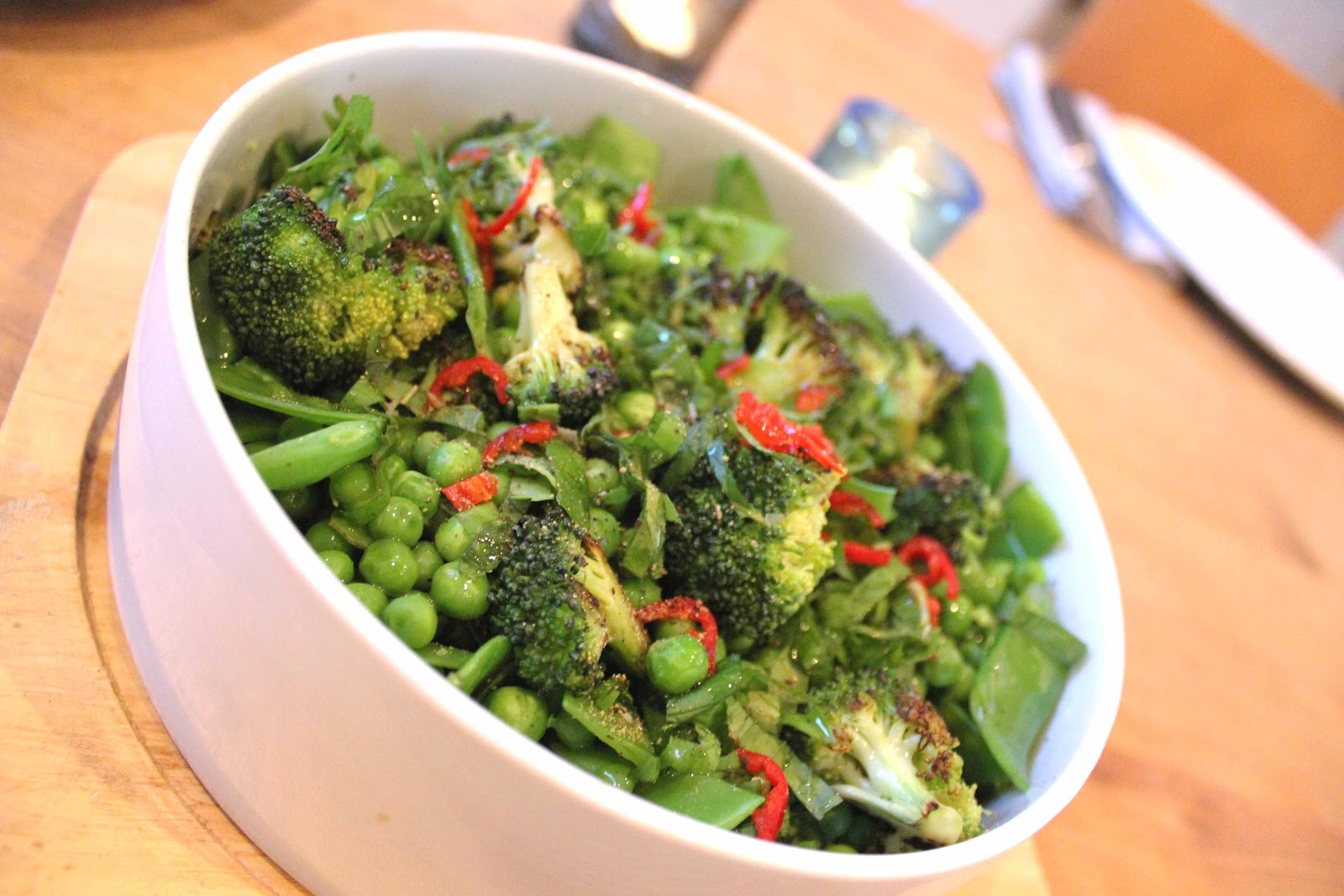 A London View Grilled Broccoli with Peas, Mange Tout, Chilli and Mint