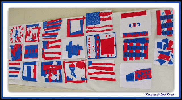 Patriotic Flag Art in Kindergarten in Response to "Red, White and Blue" by Debbie Clement