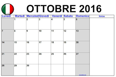Calendario Ottobre 2016 da stampare "Classico" Calendario Ottobre 2016 gratuito per stampare Tranquillo blu Lunedi