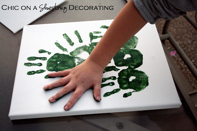 easy kids craft, handprint Christmas trees by Chic on a Shoestring Decorating blog