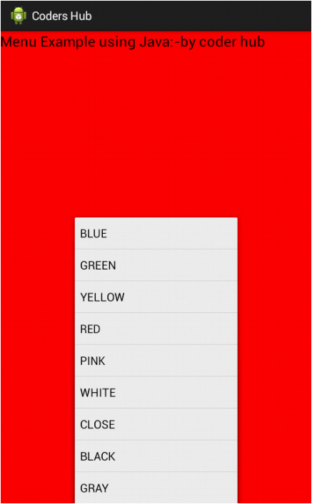 Android Menu example using Java | Coders Hub: Android Code Examples And ...