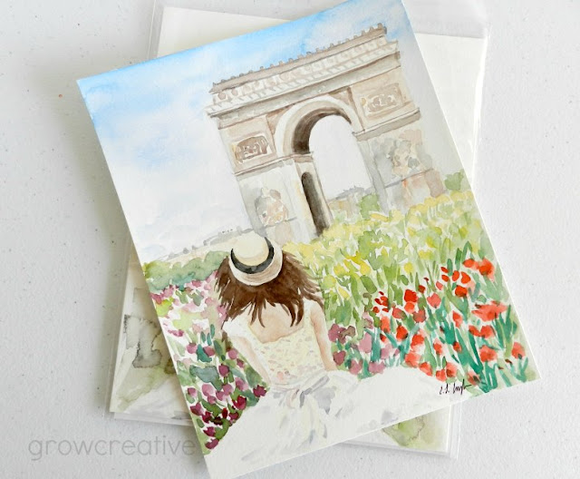 Original Watercolor Painting of Girl in front of Arc de Triomphe, Paris by Elise Engh