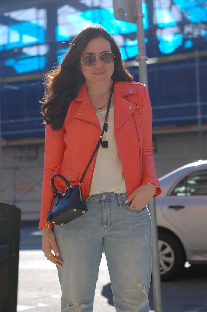 Coral leather Theory Jacket and Mini Prada handbag Covet and Acquire