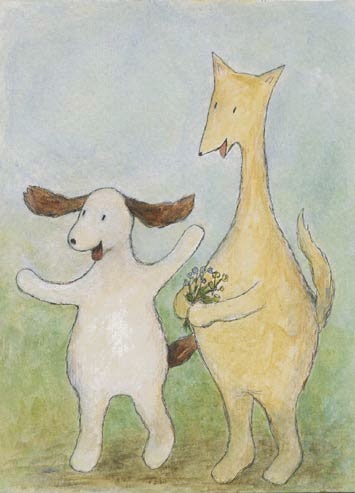 Hauska nähdä taas / Nice to see you again Postcard illustration of Hulmu Hukka and Haukku Spaniel coming to visit you with flowers