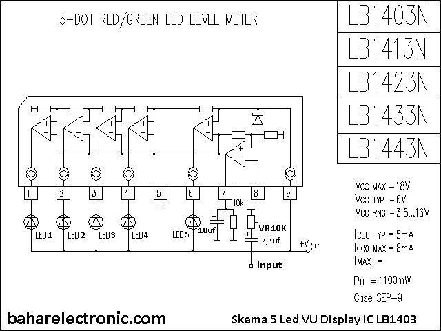 Skema 5 Led VU Display Menggunakan IC Bahar Electronic