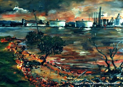 plein air acrylic painting of BHP steelworks Kooragang Island by industrial heritage artist Jane Bennett