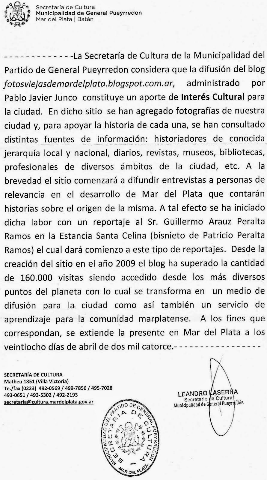 Sitio declarado de Interés Cultural por la Municipalidad de General Pueyrredón