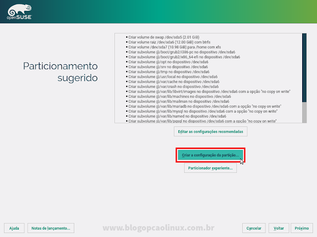 Esquema de particionamento sugerido pelo instalador do openSUSE