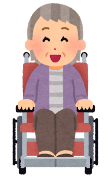 車椅子に乗ったお婆さんの表情イラスト（笑った顔）
