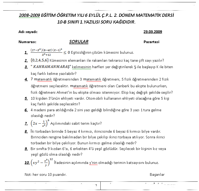 Ders 2013: 10.sinif matematik 2.dönem 1.yazili sorulari