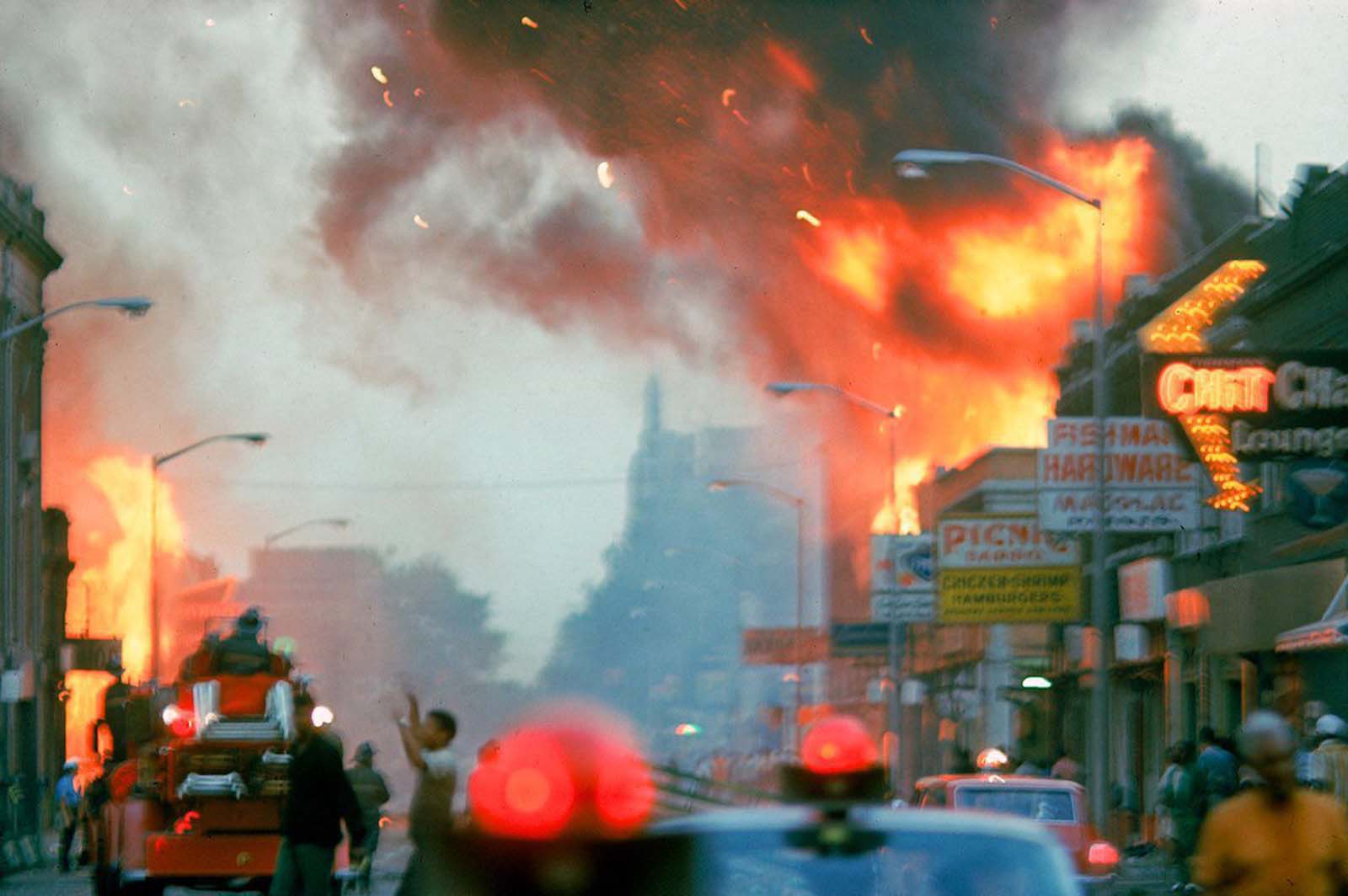 A building burning during the riot.