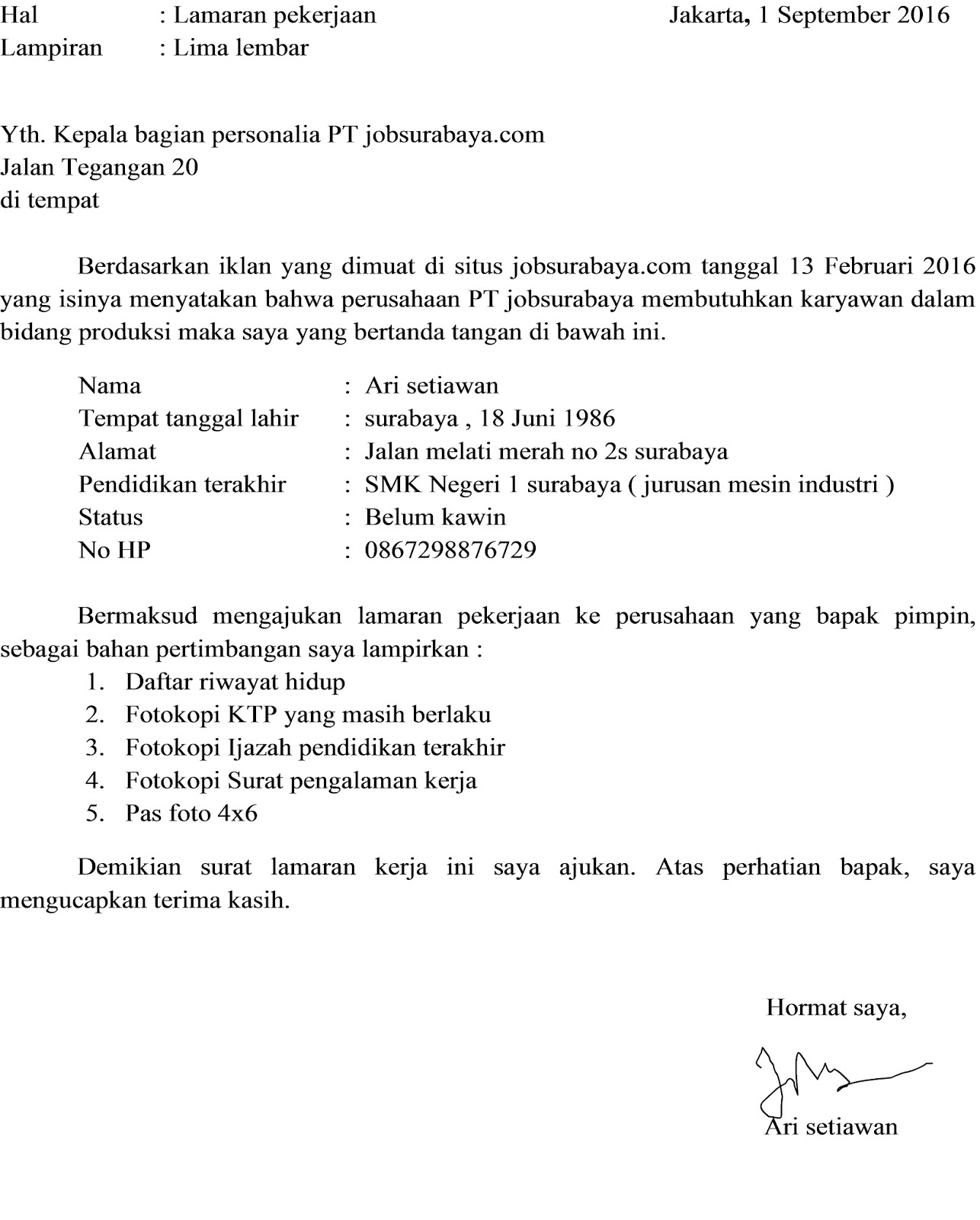 Contoh Surat Lamaran Kerja Tanpa Nama Perusahaan - Contoh Yes