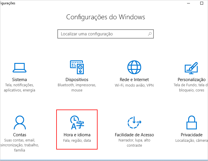 Acessando as configurações do Windows para mudar região