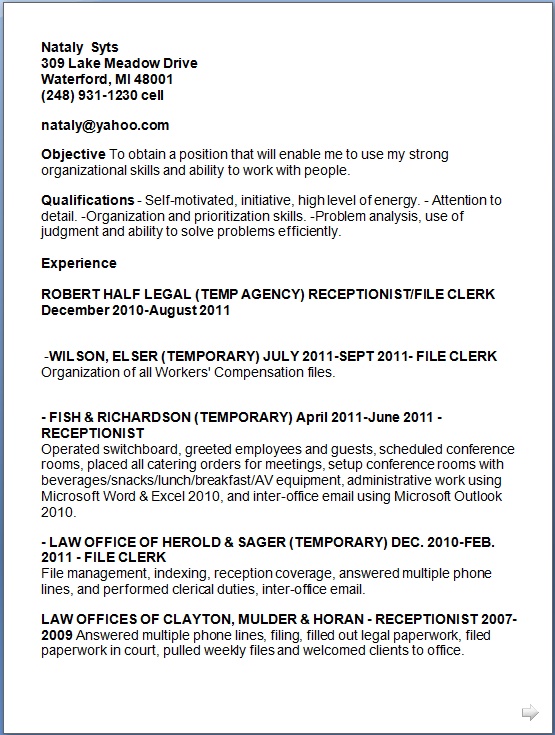 legal receptionist sample resume format in word free download