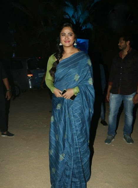 Anushka Shetty in blue saree at  AWE PreRelease Event