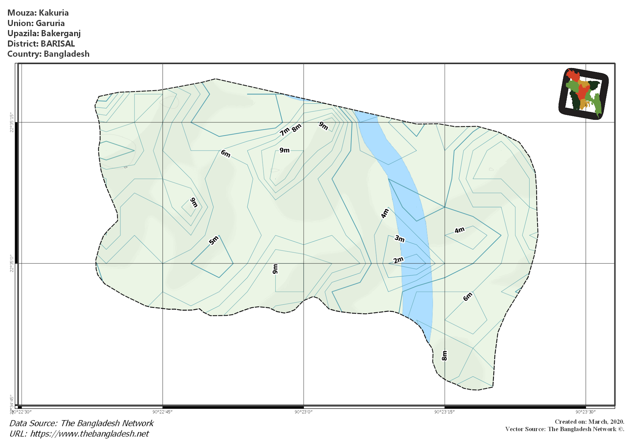 Map of Kakuria Mouza of Bakerganj Upazila, BARISAL, Bangladesh.