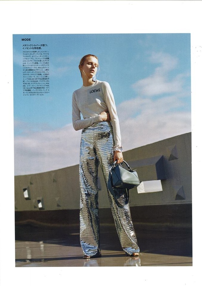Madame Figaro Japan February 2016, Ola Munik 2016 SS Loewe Silver Crocodile-Embossed Leather Trousers Editorials