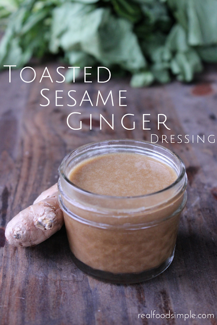This toasted sesame ginger dressing is a simple recipe that has a sweetness and tang. With only 5 pantry ingredients, it can be made in 5 minutes or less. | realfoodsimple.com