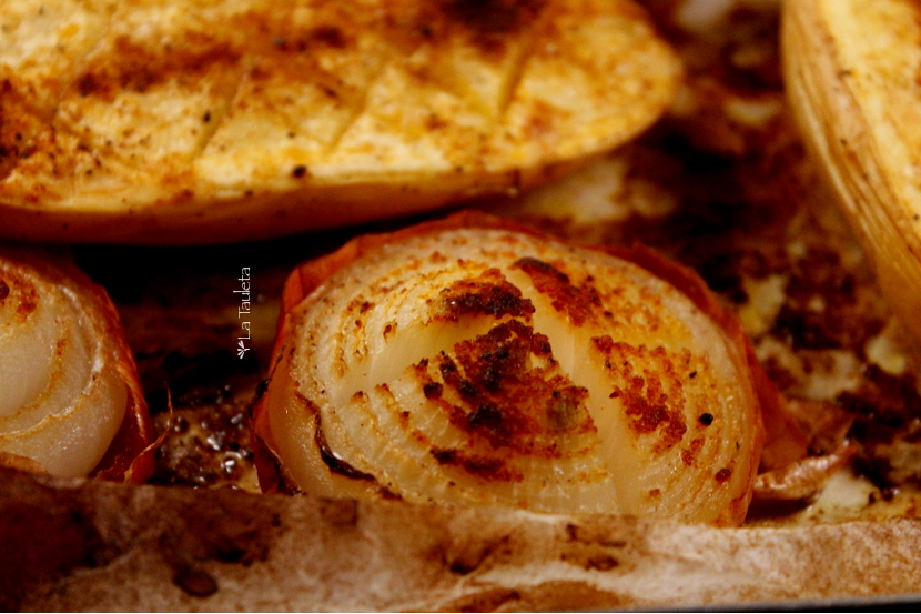 Berenjenas, cebollas y patatas al horno