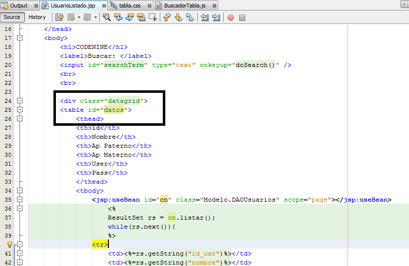 Buscar datos en un table en JSP usando javascript CodeNine