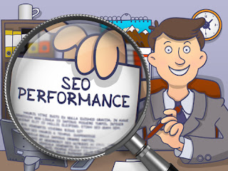 Clipart Image of a Man Holding a Magnifying Glass in Front of a Paper With the Words SEO Performance