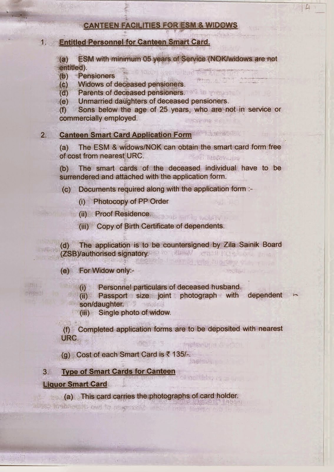 EXSERVICEMEN WELFARE CANTEEN FACILITIES FOR ESM AND WIDOWS