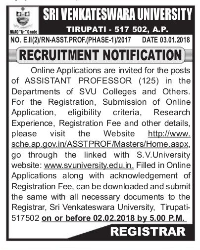 SVU Sri Venkateswara University Teaching Posts /Professors Recruitment 2018 sri venkateswara university svu teaching,non teaching,profoessors posts recruitment 2017,svu application form,last date for applying of svu recruitment