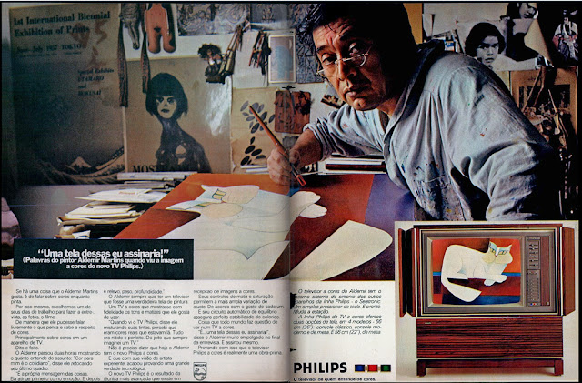 propaganda TV a cores Philips - com Aldemir Martins - 1975. 1975, os anos 70; propaganda na década de 70; Brazil in the 70s, história anos 70; Oswaldo Hernandez;