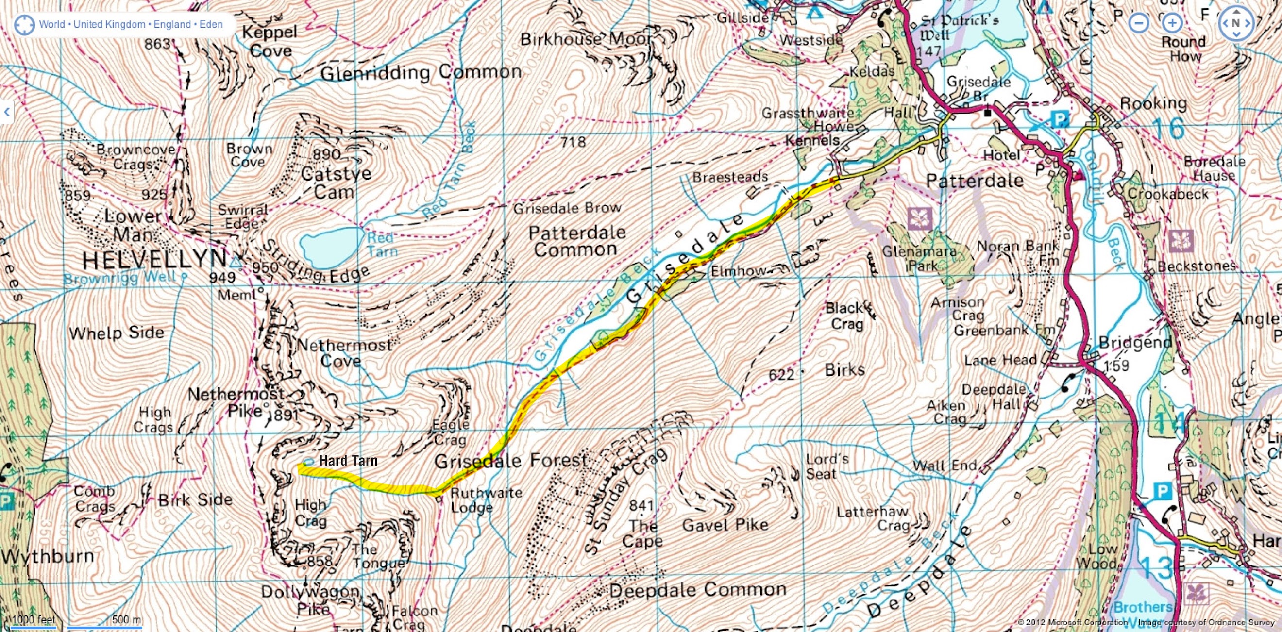 The map route to Hard Tarn, Wild Camping in the Lake District