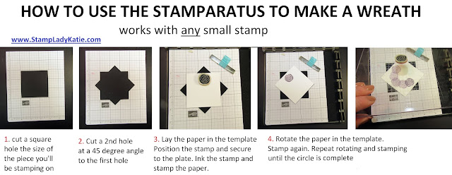 Series of step-by-step photos shows how to use the Stamparatus to do Wreath Stamping