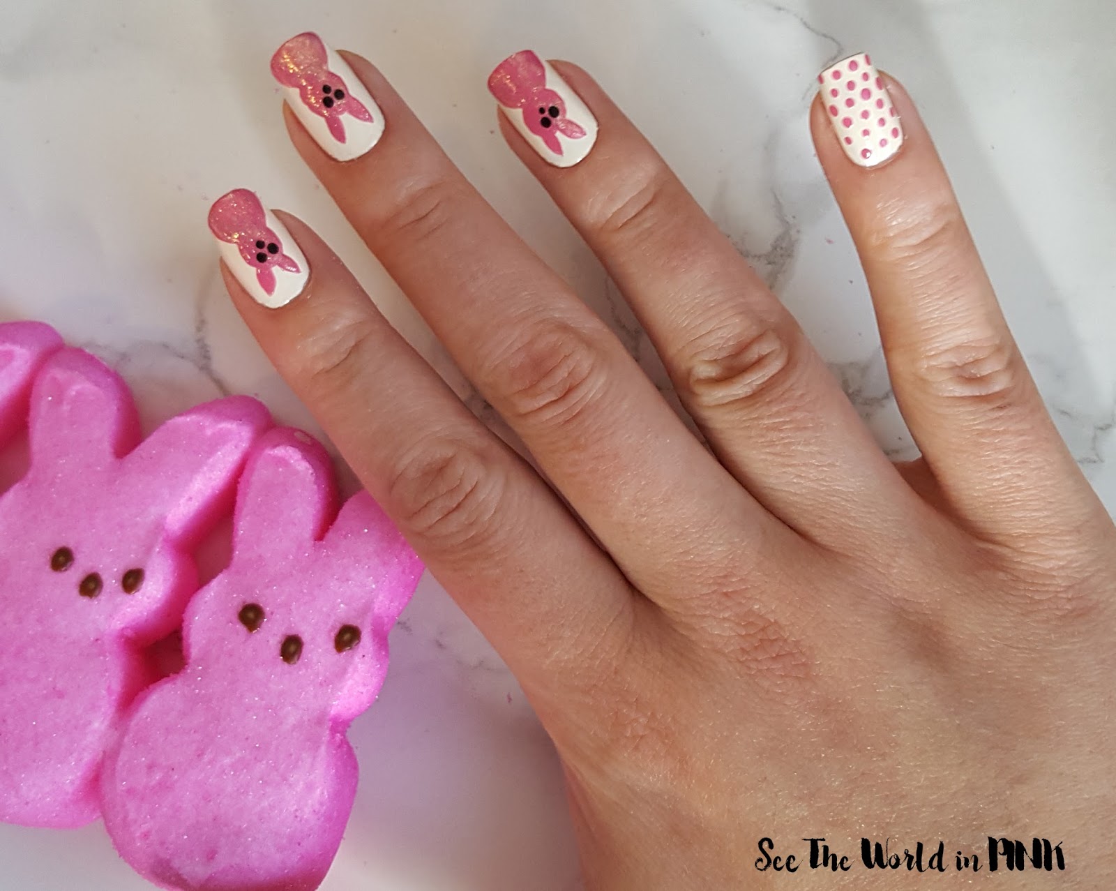 Easter Manicure Monday - Peeps Spring Pink Bunny Nail Art 