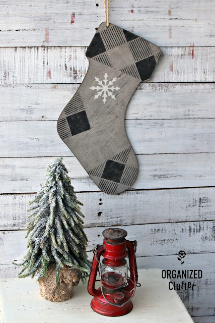 Easy DIY Rustic Faux Barn Wood Christmas Stocking #hobbylobby #oldsignstencils #stencil #barnwood #Christmas #crafting
