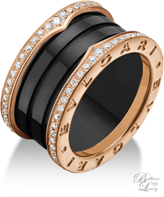 Bvlgari B.zero1 4-band ring in 18 kt pink gold & black ceramic with pavé diamonds along the edges