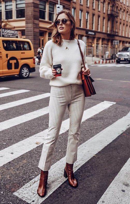 Just a Pretty Style Office look Sweater, striped trousers and