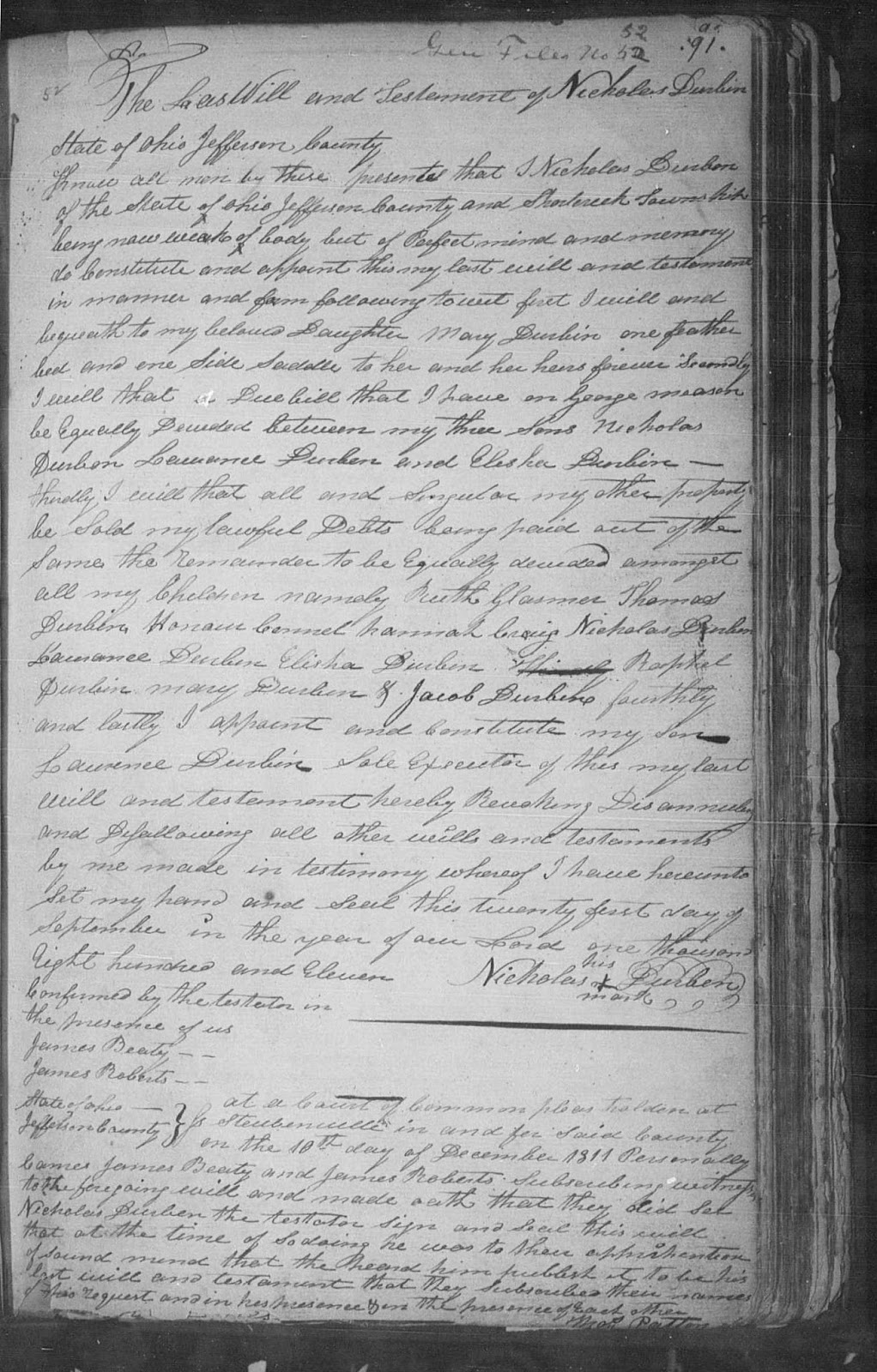 Durbin Family History Nicholas Durbin Will 1811