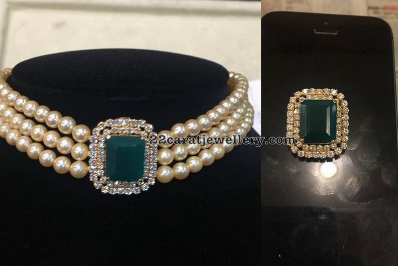 3 Rows Pearl Choker with Center Locket Jewellery Designs