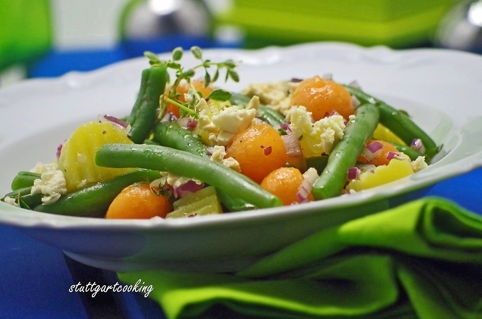 stuttgartcooking: Bohnensalat mit Kartoffeln, Melone und Schafskäse