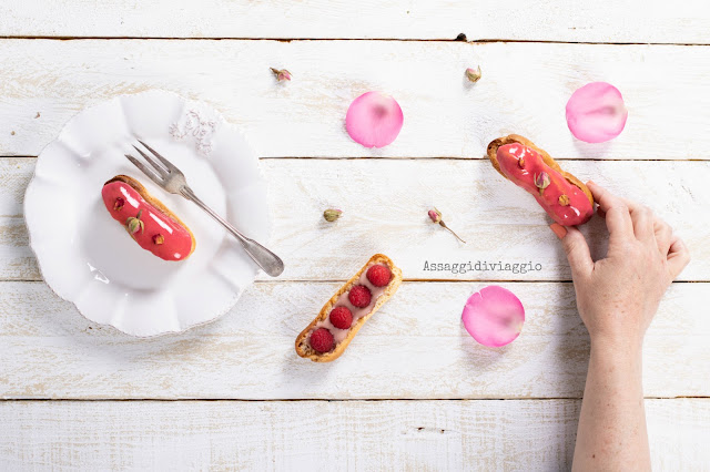 Raspberry and rose éclairs