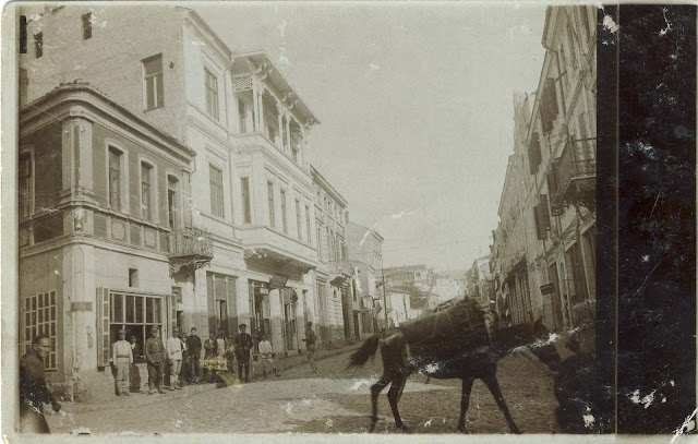 The Main Street (Sirok Sokak) view from north – photo postcard in September 1916 sent to the town of Lom, Bulgaria.