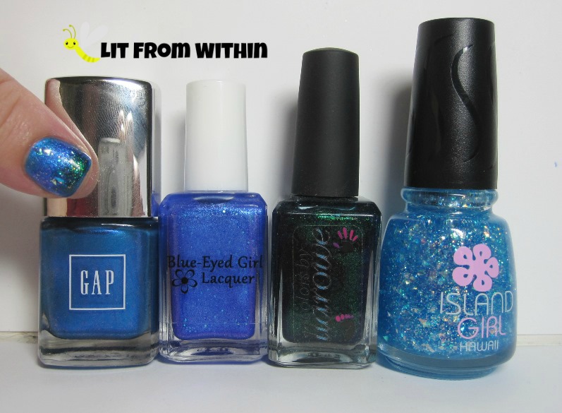 Bottle shot:  GAP Sparkling Sea, Blue-Eyed Girl Lacquer 2014, Colors by Llarowe Behead The Drama Queen, and Island Girl Hawaiian Girl. 