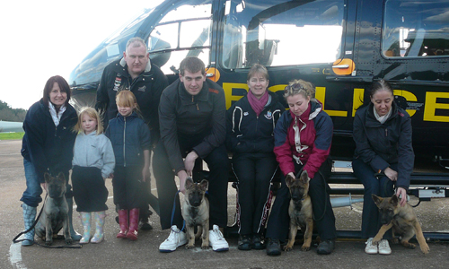 Puppies and their puppy walkers grouped in front of the grounded police helicopter on a drizzly day