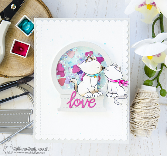 Kitty Love shaker card by Tatiana Trafimovich | Newton's Christmas Cuddles Stamp set and Snow Globe Shaker Die Set by Newton's Nook Designs #newtonsnook #handmade