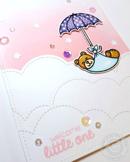 Sunny Studio Stamps: Baby Bear & Rain or Shine Baby Bundle & Umbrella Card by Lindsey Sams