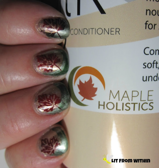 A little stamping nailart, inspired by the Maple Holistics logo.  I used China Glaze Gone Glamping for the base, and SephoraX Rocket Fuel for the funky French tip.  I mixed Finger Paints Black Expressionism and Sally Hansen Rapid Red for the Maple leaf stamp, to give it a rusty red look.