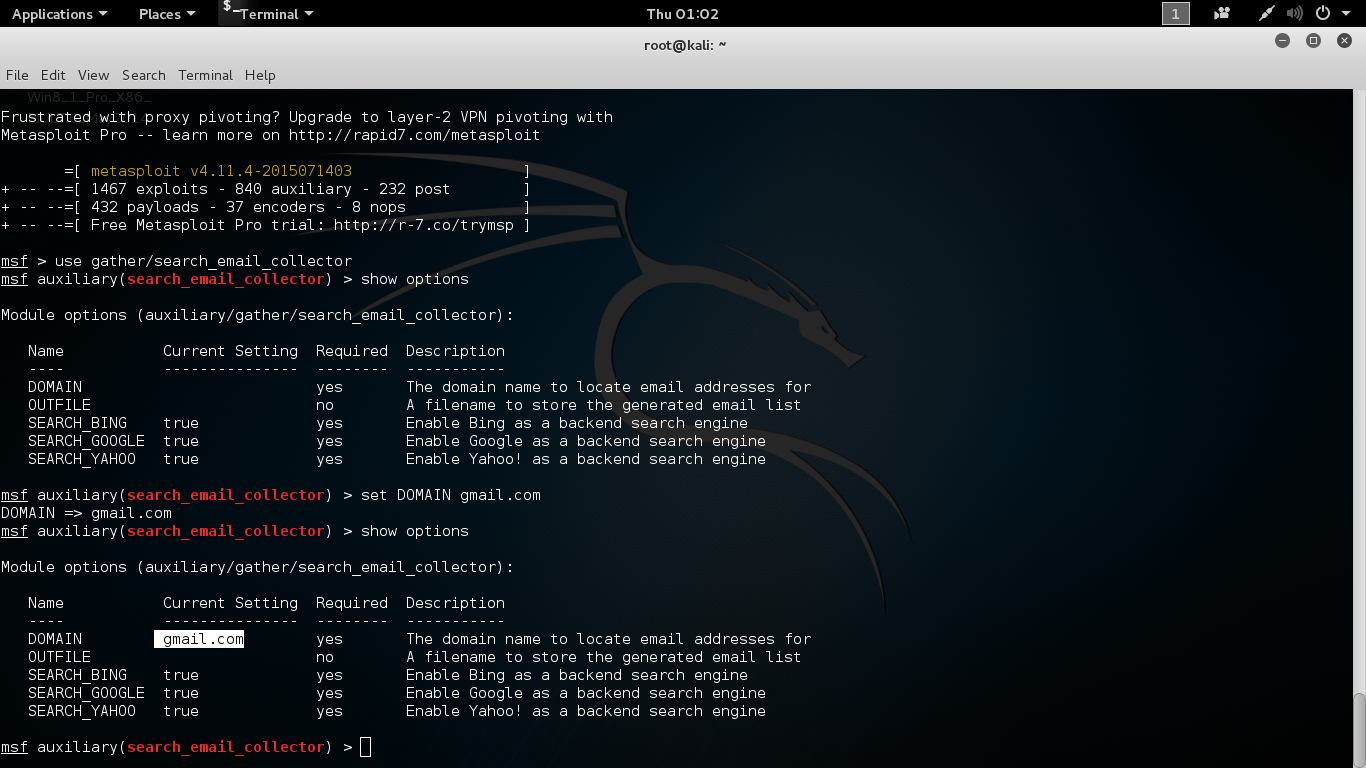 hacking by kali linux: get gmail id list using msfconsole in kali linux