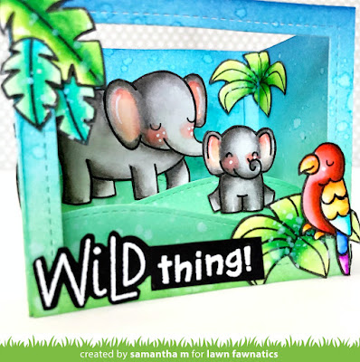 Wild Thing Shadow Box Card by Samantha Mann for Lawn Fawnatics Challenge, Lawn Fawn, Shadowbox Card, cards, distress ink, ink blending, jungle #lawnfawn #jungle #inkblending #distressinks #shadowbox
